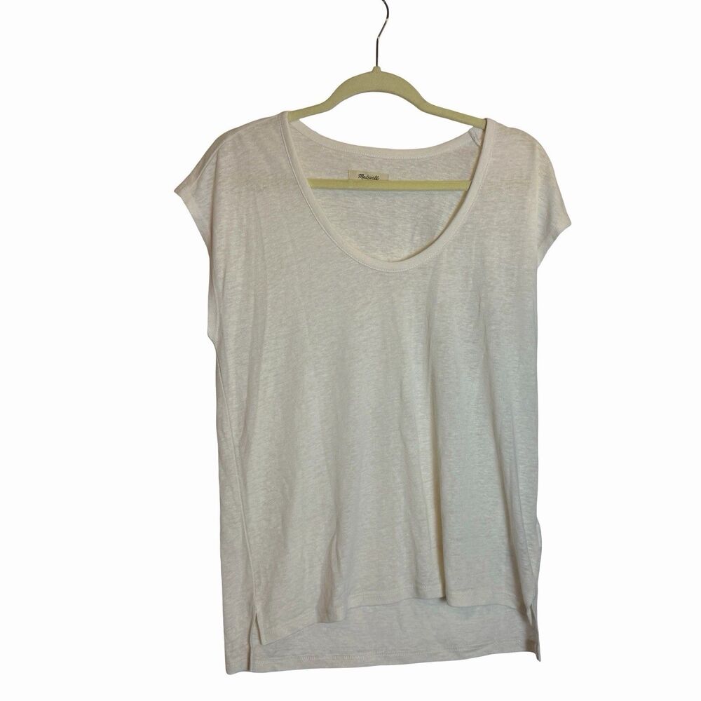 Madewell Linen Blend Tee Womens XS Ivory Short Sleeve Scoop Neck Hi Low T-Shirt